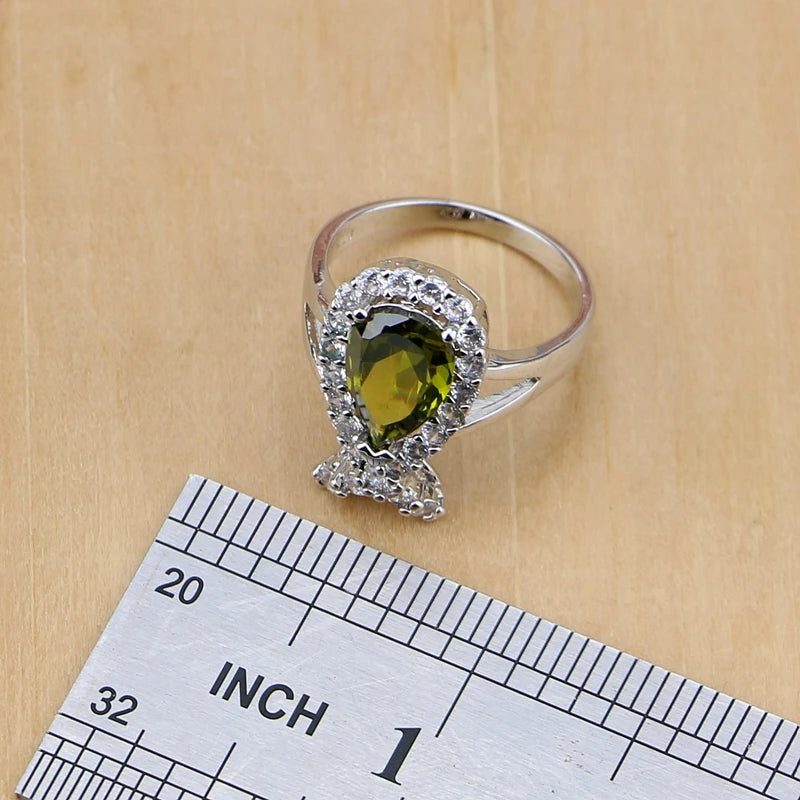 Olive Green Zircon 925 Sterling Silver Jewelry Sets for Women Party Earrings/Pendant/Necklace/Rings/Bracelet