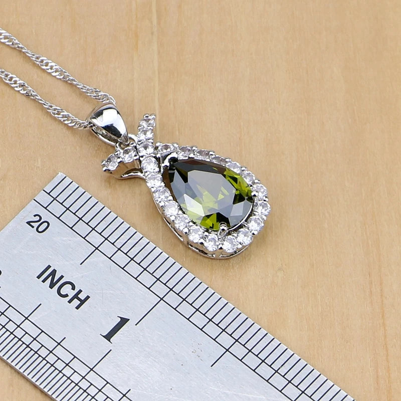 Olive Green Zircon 925 Sterling Silver Jewelry Sets for Women Party Earrings/Pendant/Necklace/Rings/Bracelet