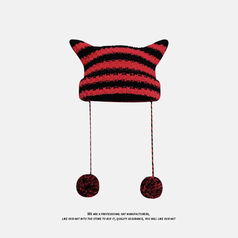 Beanie Hat Ins Little Devil Striped Knitted Wool Cap Autumn and Winter Crochet Cute Cat Ears Pointed Pullover Women'S Hats