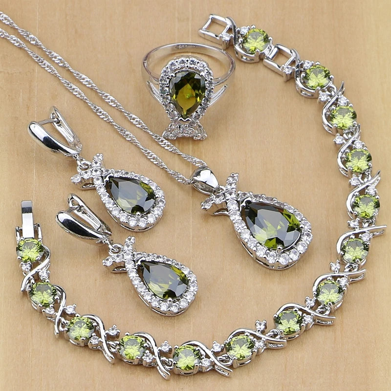 Olive Green Zircon 925 Sterling Silver Jewelry Sets for Women Party Earrings/Pendant/Necklace/Rings/Bracelet
