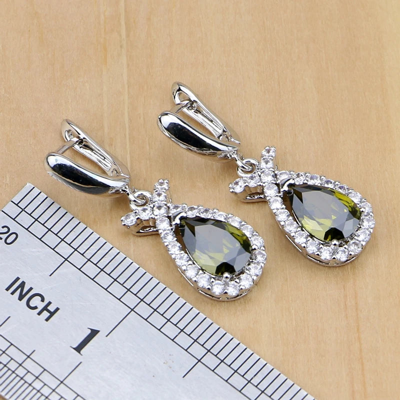 Olive Green Zircon 925 Sterling Silver Jewelry Sets for Women Party Earrings/Pendant/Necklace/Rings/Bracelet