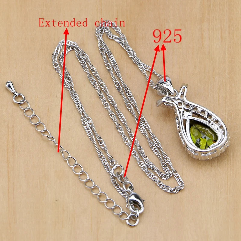 Olive Green Zircon 925 Sterling Silver Jewelry Sets for Women Party Earrings/Pendant/Necklace/Rings/Bracelet