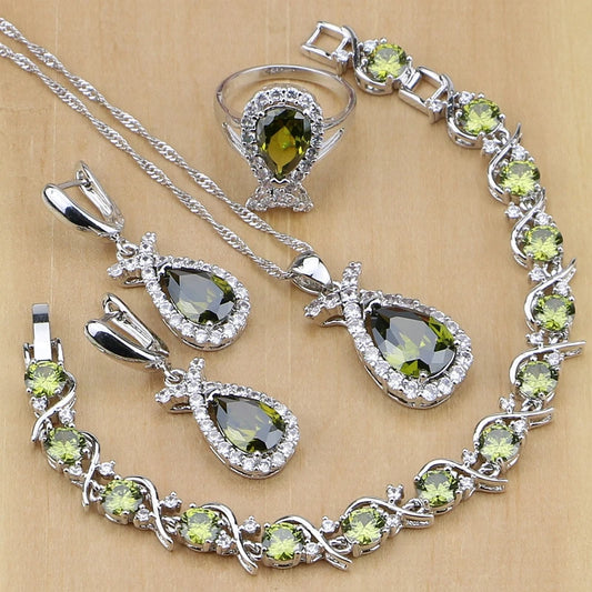 Olive Green Zircon 925 Sterling Silver Jewelry Sets for Women Party Earrings/Pendant/Necklace/Rings/Bracelet
